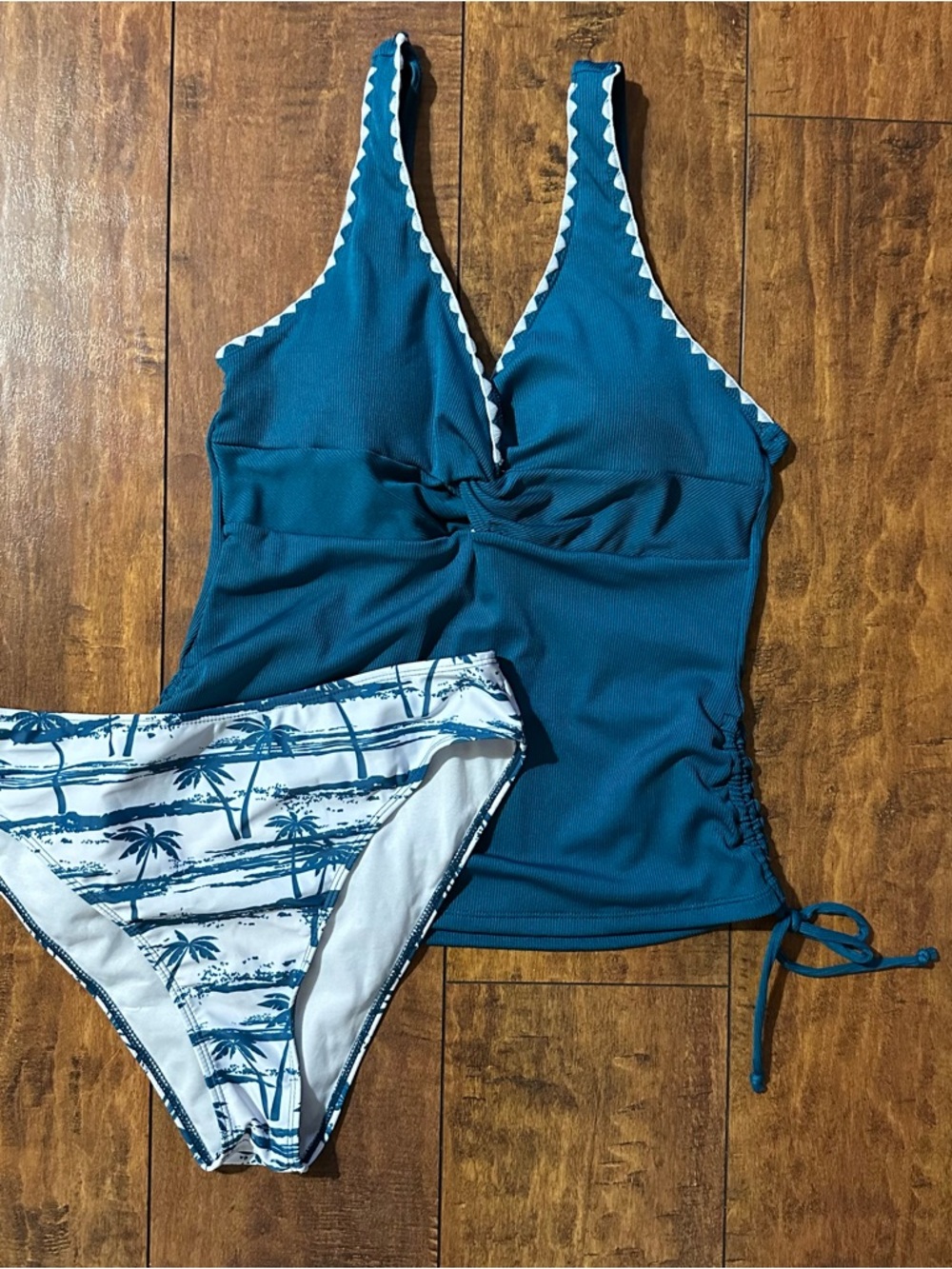 Teal Tankini Top with Tropical Print Bikini Bottoms